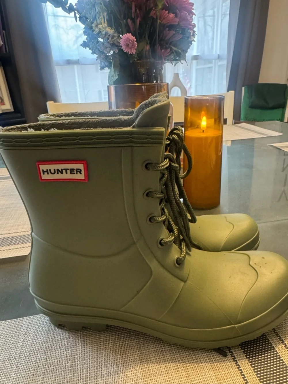 Hunter women’s Olive Green Lace-Up Rubber Rain Boot - Picture 2 of 4